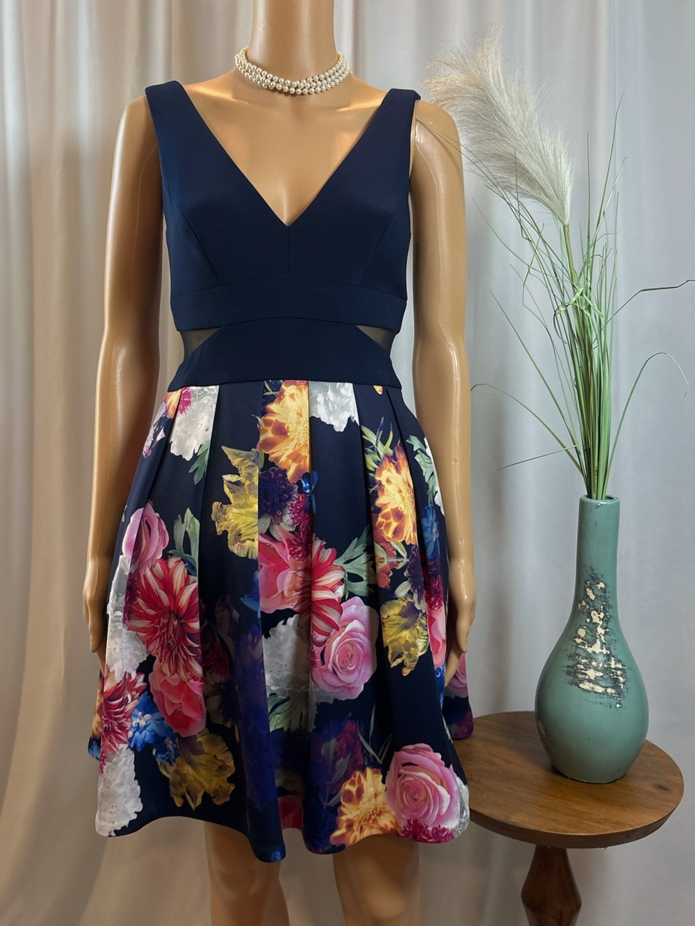 Navy Floral V-Neck Fit & Flare Cocktail Dress - Mesh Waist Cutout - Size 2
